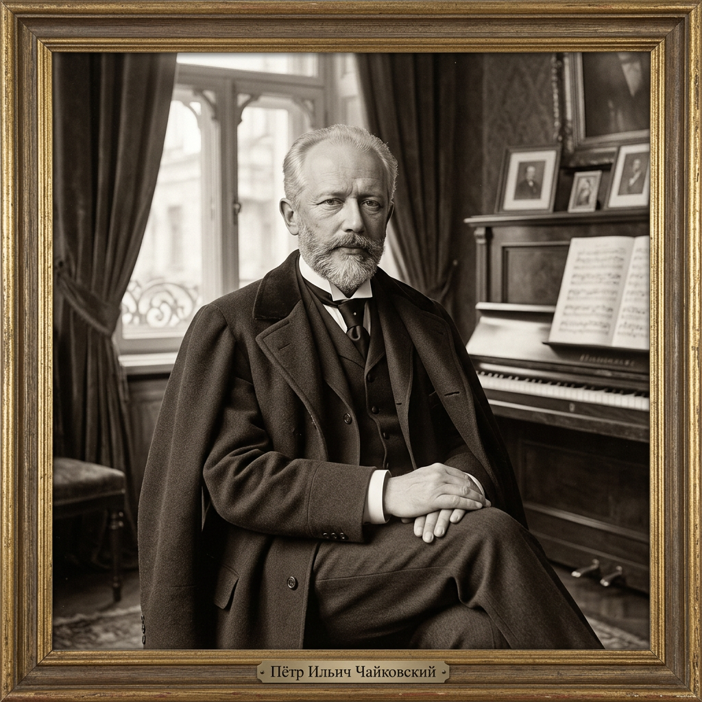 Portrait of Pyotr Ilyich Tchaikovsky seated beside a piano; label reads “Пётр Ильич Чайковский.”